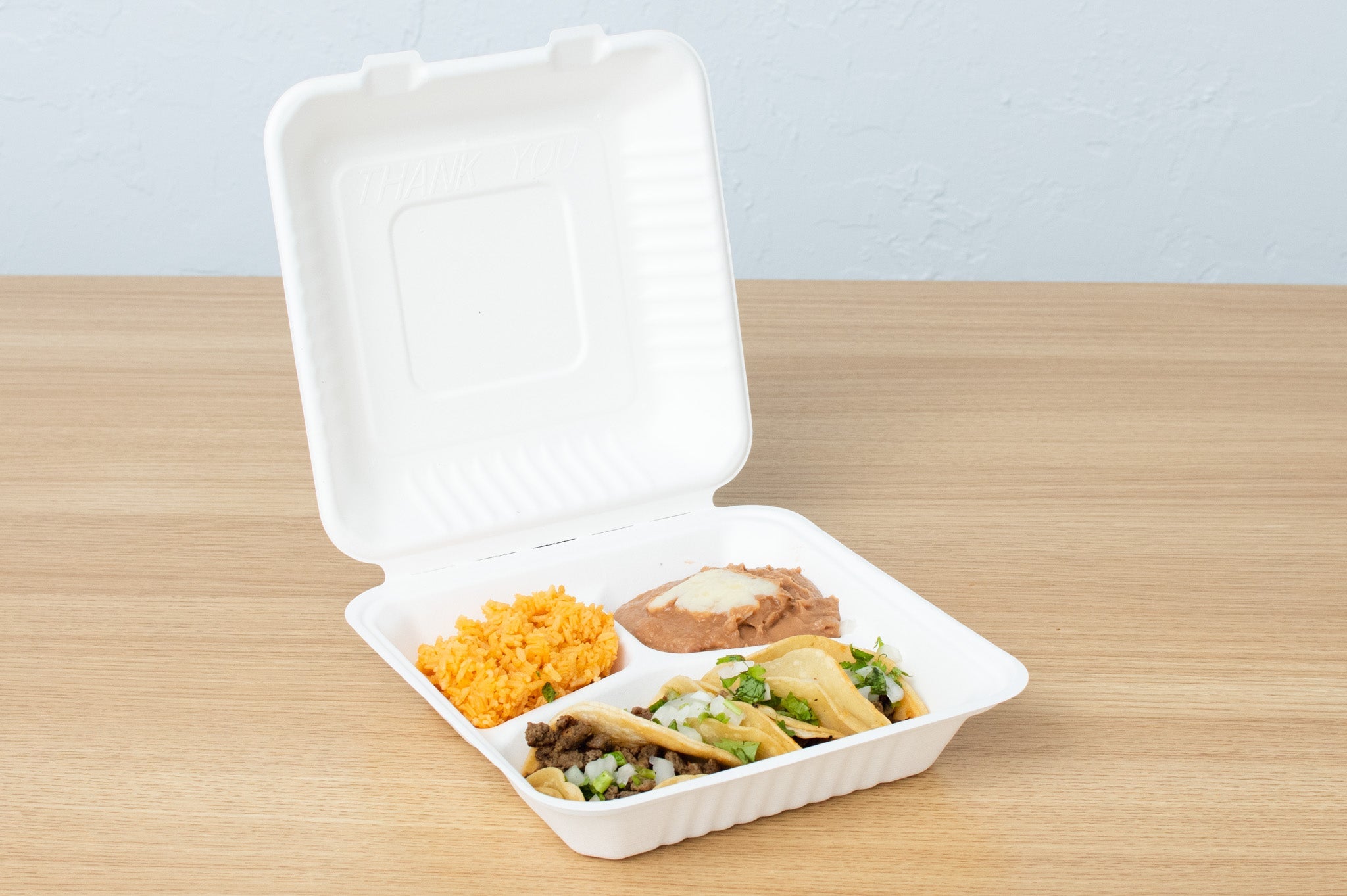 Bagasse Hinged Container 3-compartment, PFAS FREE, White, 9" x 9", 200pc - Feast Source