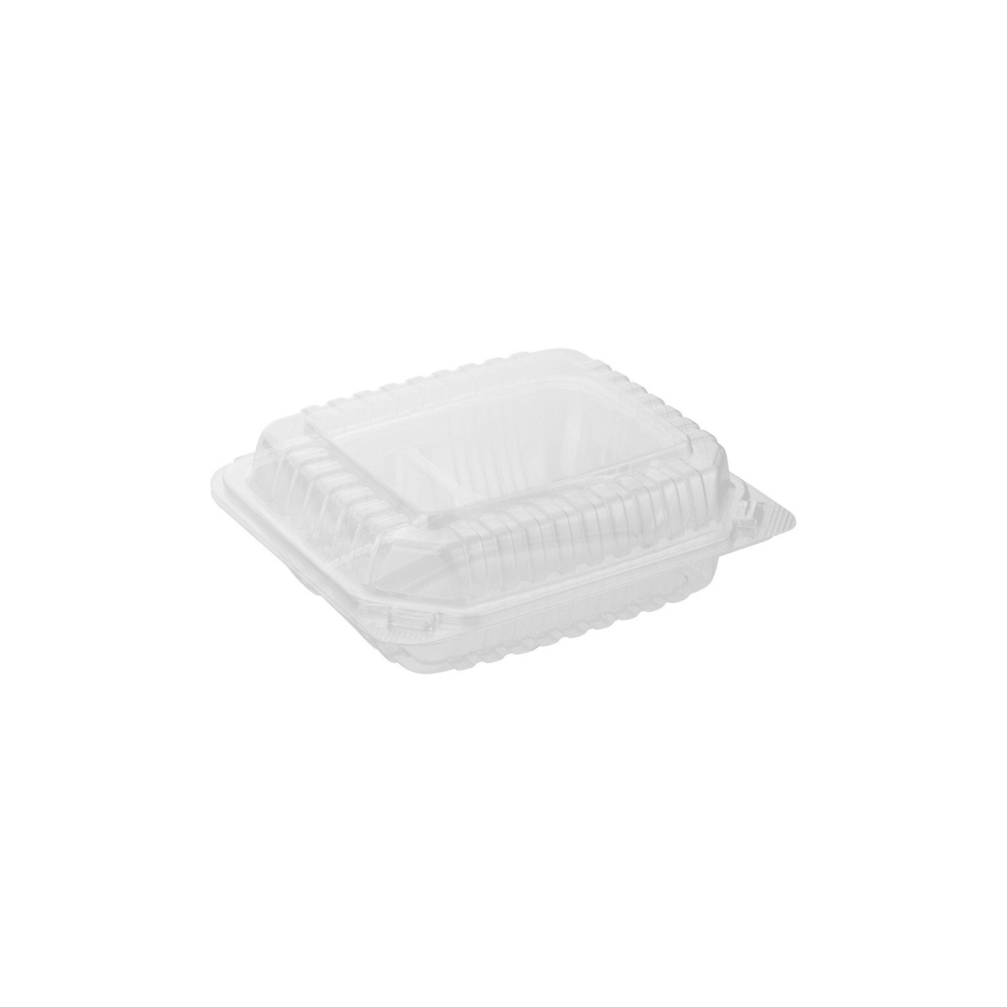 Clear Hinged PS Container 3-compartment, 8" x 8" 2in Tall, 200pc - Feast Source