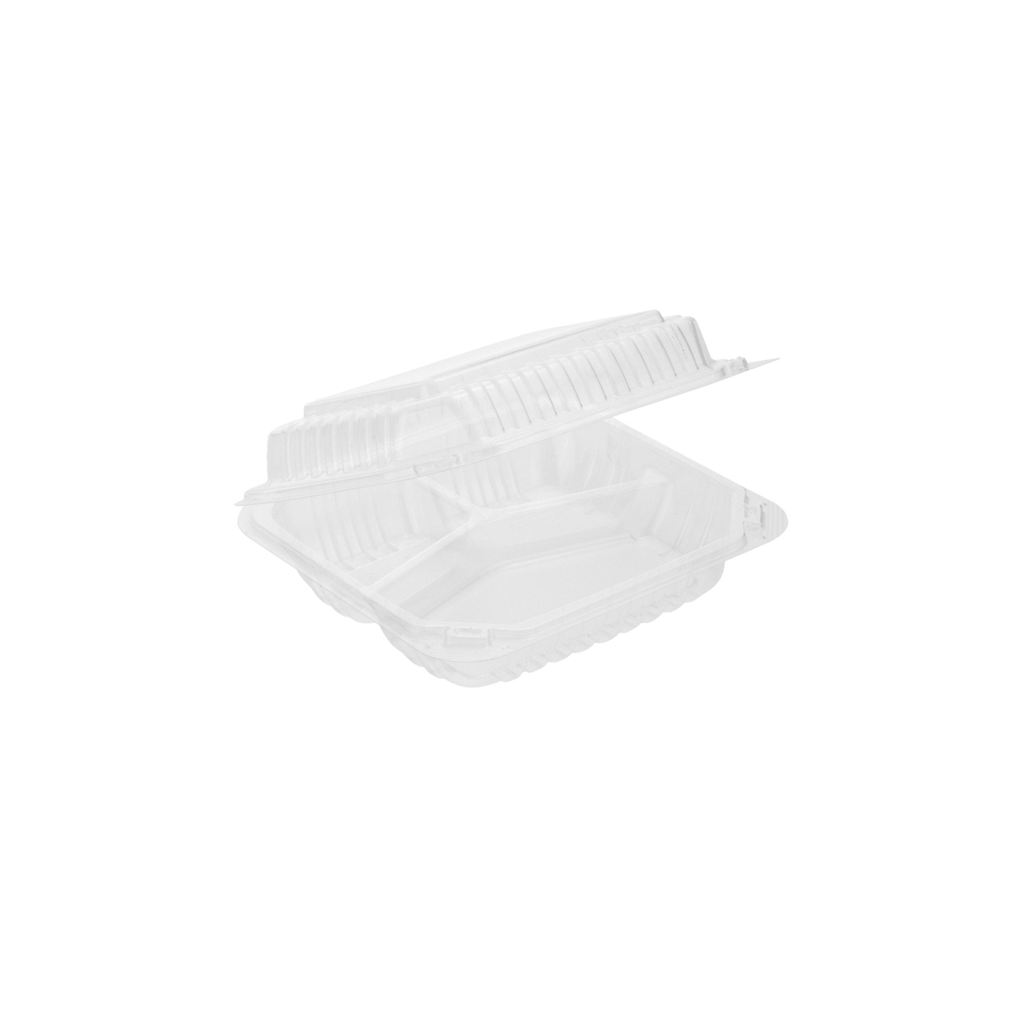 Clear Hinged PS Container 3-compartment, 8" x 8" 2in Tall, 200pc - Feast Source