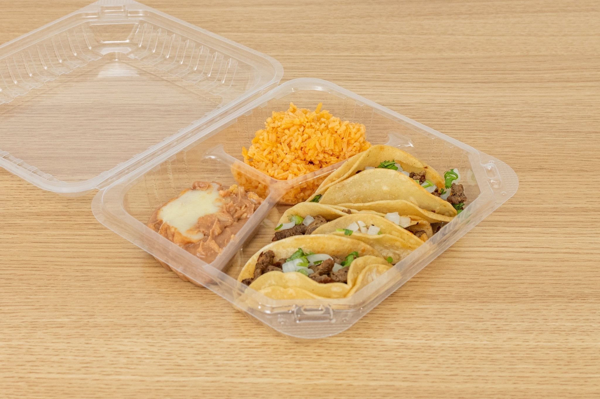 Clear Hinged PS Container 3-compartment, 8" x 8" 3in Tall, 200pc - Feast Source