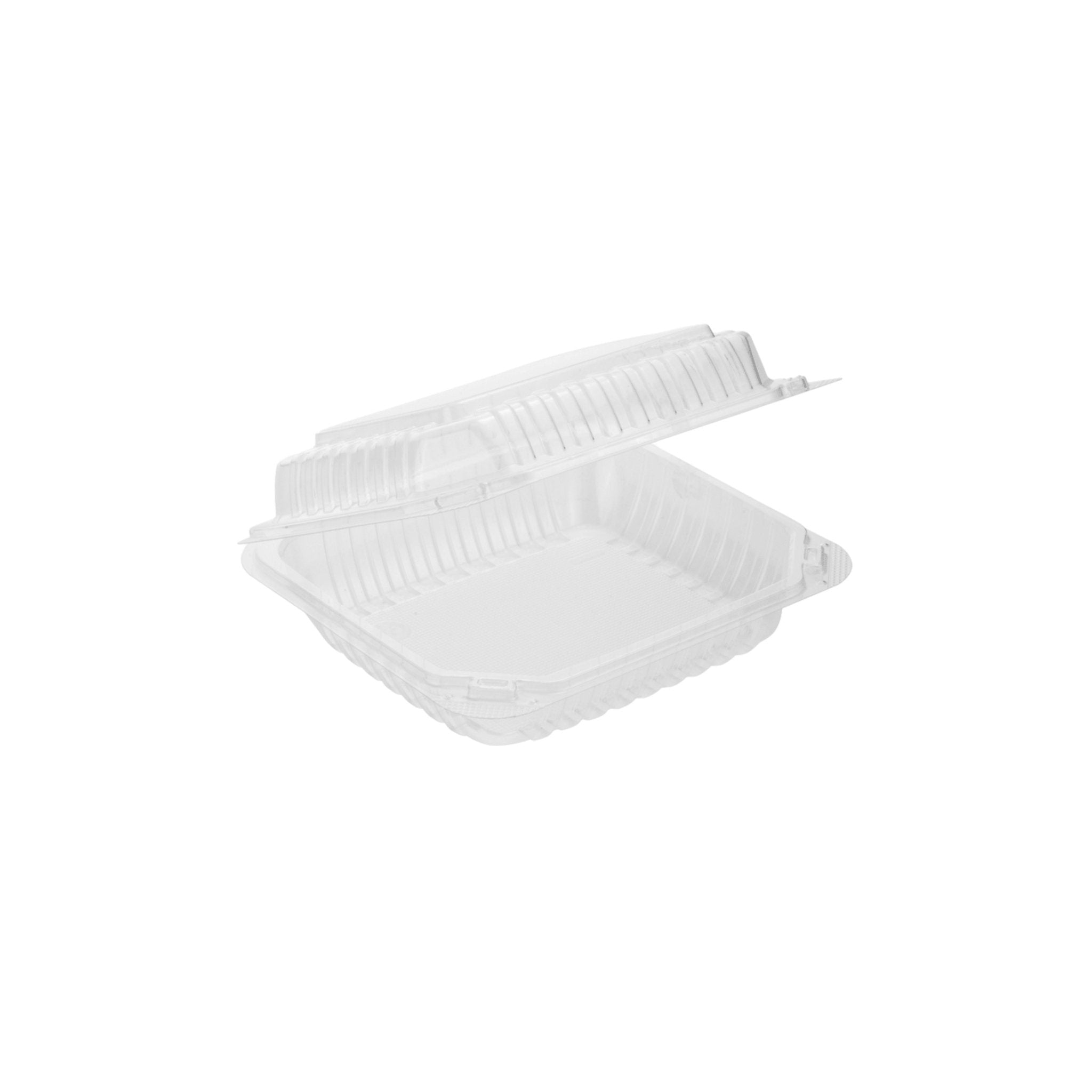 Clear Hinged PS Container, 9" x 9" 3in Tall, 200pc - Feast Source