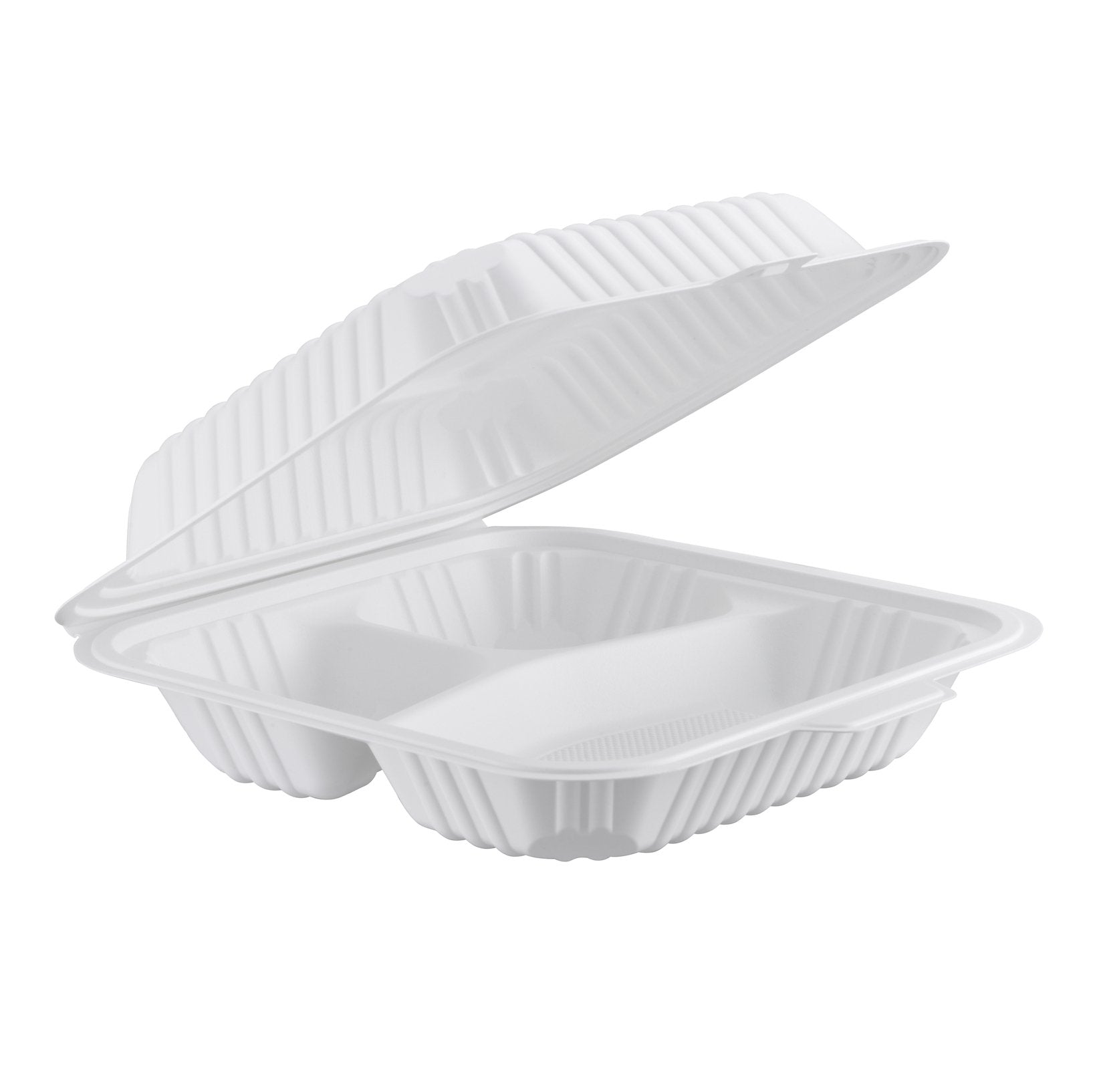 Hinged MFPP Container 3-compartment, Center Slide, 7.8" x 7.8", 150pc - Feast Source