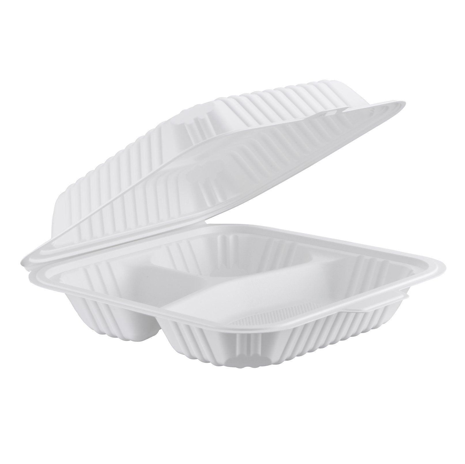 Hinged MFPP Container 3-compartment, Center Slide, 9.5" x 9.25", 150pc - Feast Source