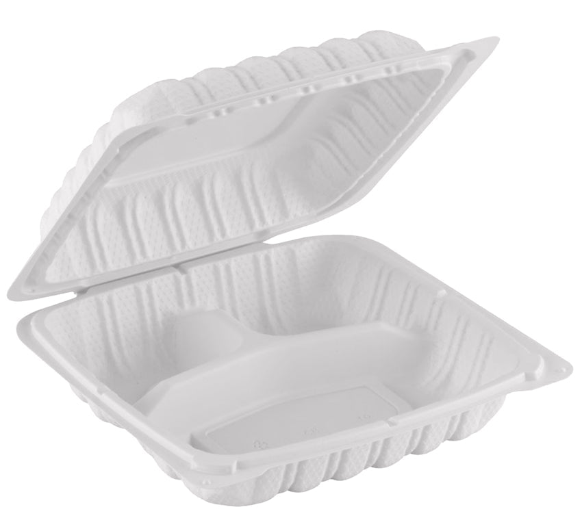 Hinged MFPP Container 3-compartment, Corner Lock, 8" x 8", 150pc - Feast Source