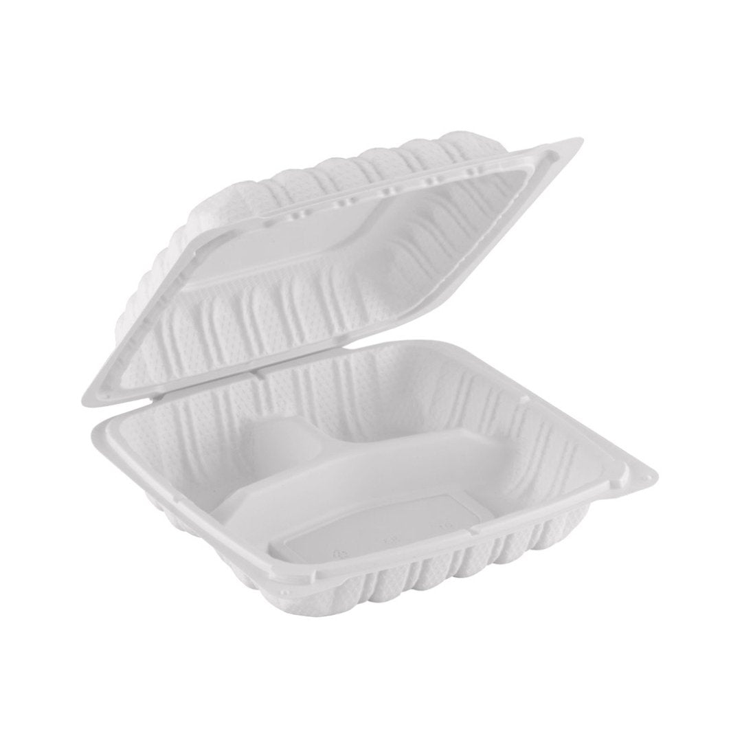 Hinged MFPP Container 3-compartment, Corner Lock, 9" x 9", 150pc - Feast Source
