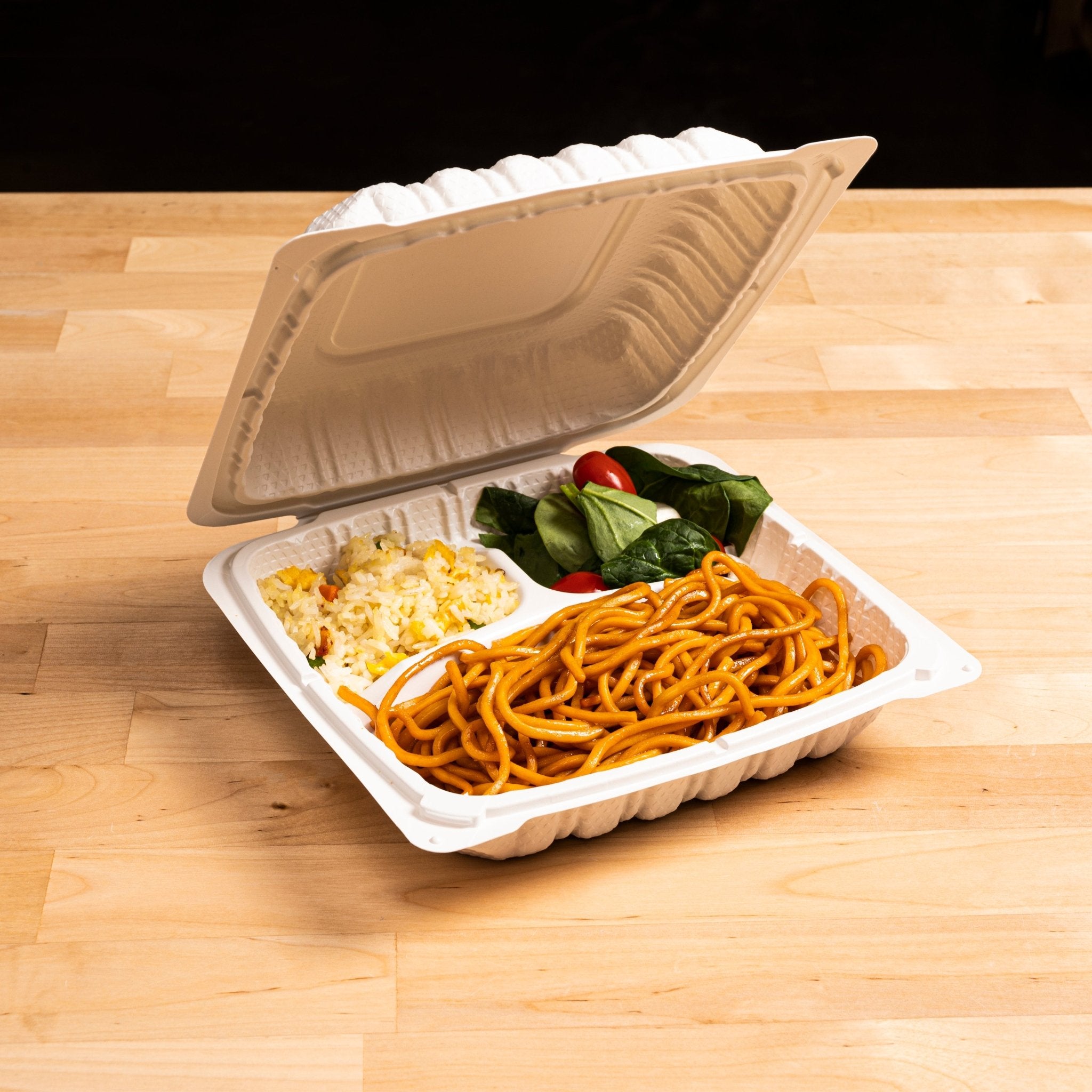 Hinged MFPP Container 3-compartment, Corner Lock, 9" x 9", 150pc - Feast Source