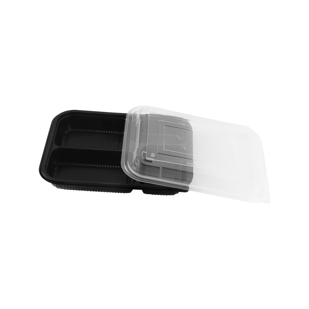 Two-Piece Microwaveable Black Tray Translucent Lid 10.5" x 8", 4-Compartment, 100 Sets - Feast Source