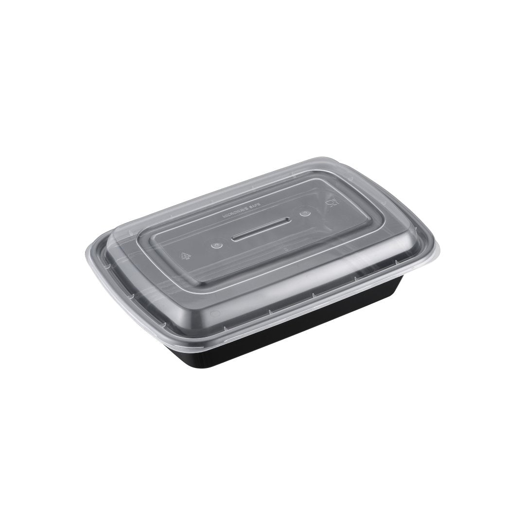24oz Shallow Rectangular Microwaveable Container with Lid, 150 Sets - Feast Source