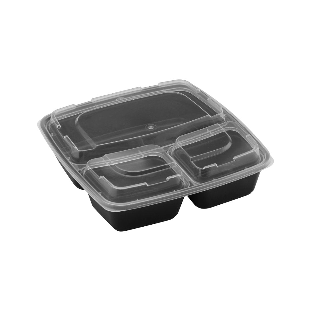 48oz Square Microwaveable Container with Lid 3-compartment, 100 Sets - Feast Source