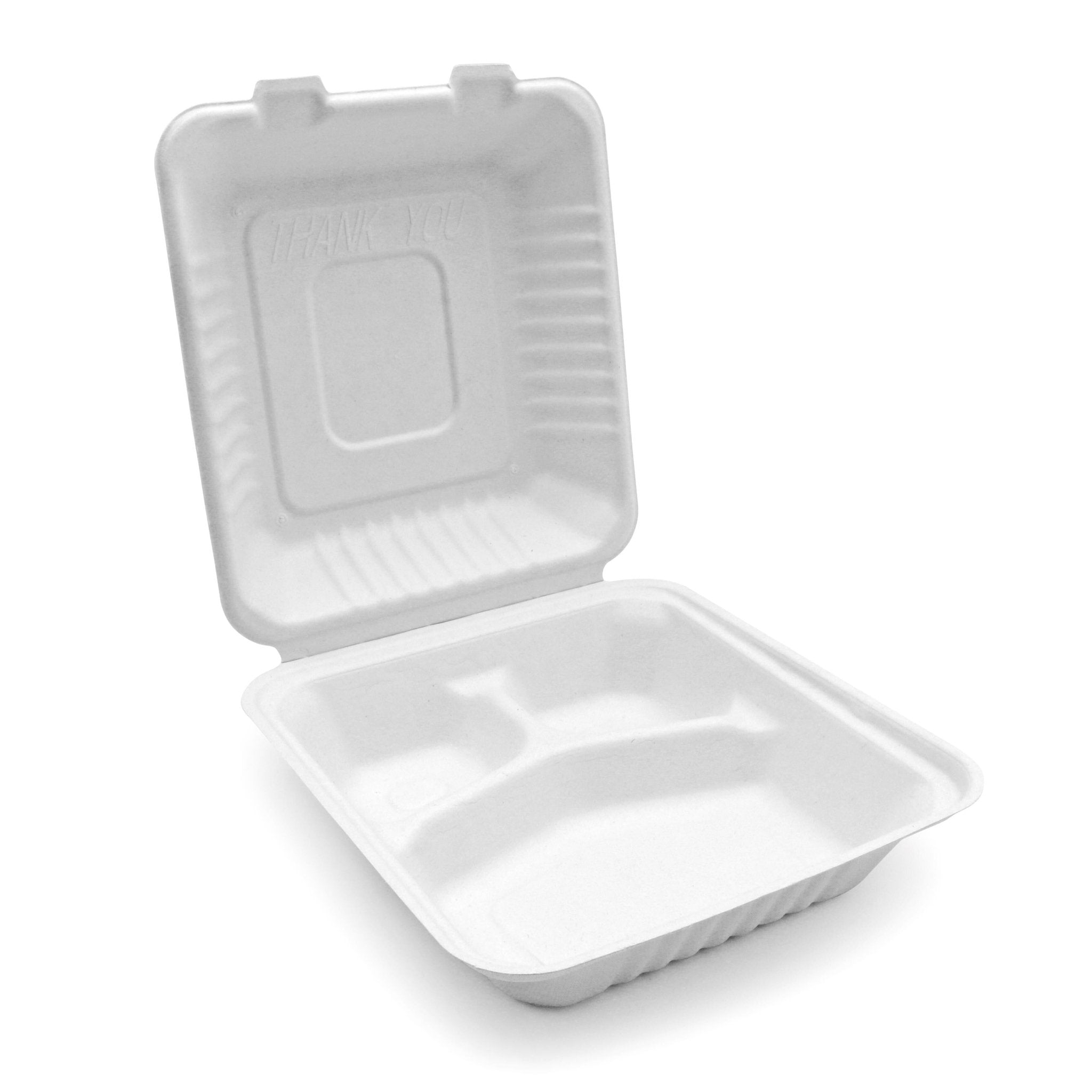 Bagasse Hinged Container 3-compartment, PFAS FREE, White, 9" x 9", 200pc - Feast Source