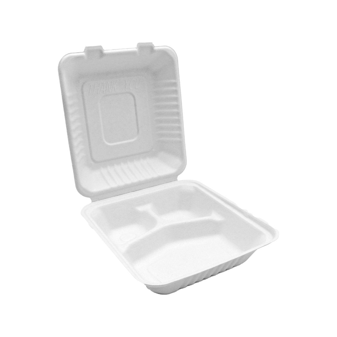 Bagasse Hinged Container 3-compartment, White, PFAS FREE, 8" x 8", 200pc - Feast Source