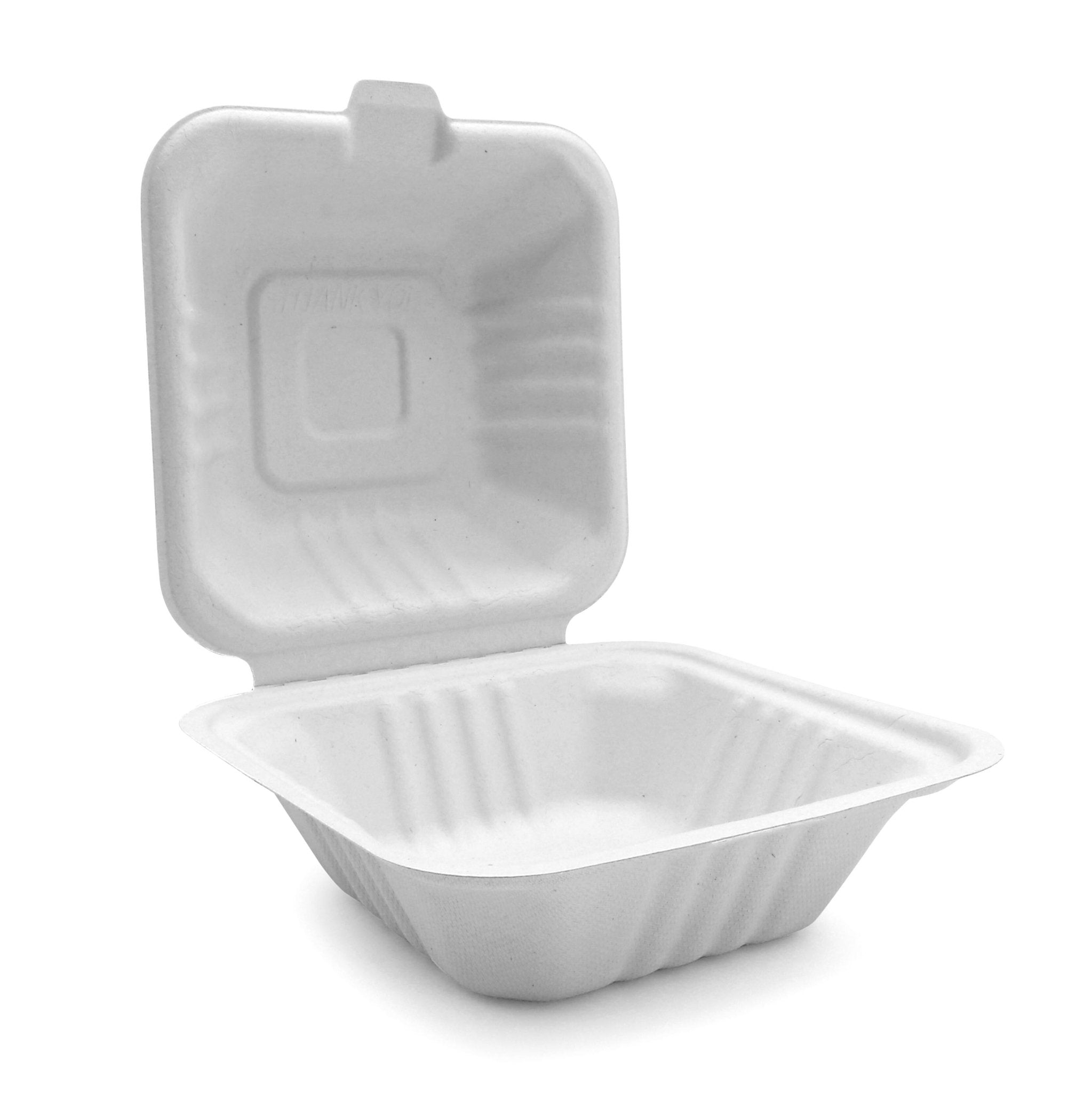 Bagasse Hinged Container, White, PFAS FREE, 6" x 6", 500pc - Feast Source