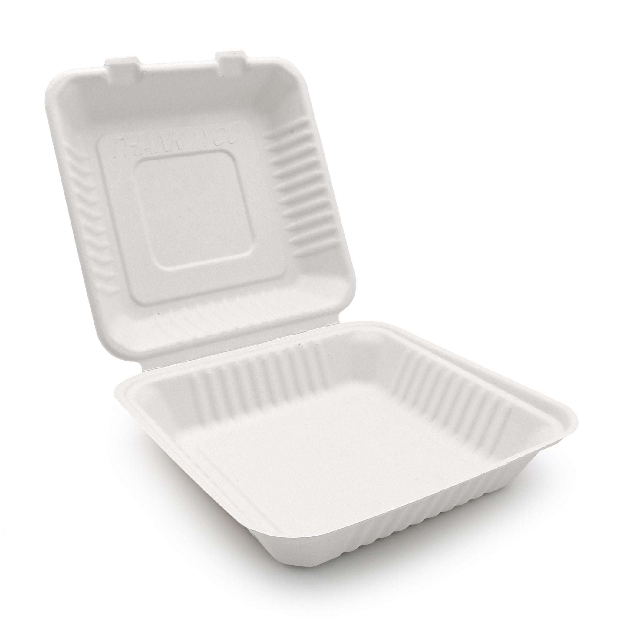 Bagasse Hinged Container, White, PFAS FREE, 8" x 8", 200pc - Feast Source