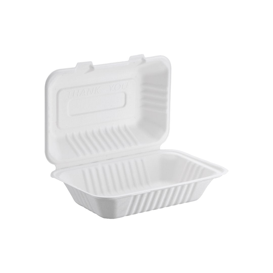 Bagasse Hinged Container, White, PFAS FREE, 9" x 6", 250pc - Feast Source