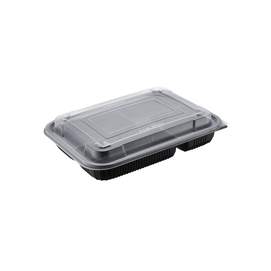 Two-Piece Microwaveable Black Tray Translucent Lid 10.5" x 8", 4-Compartment, 100 Sets - Feast Source