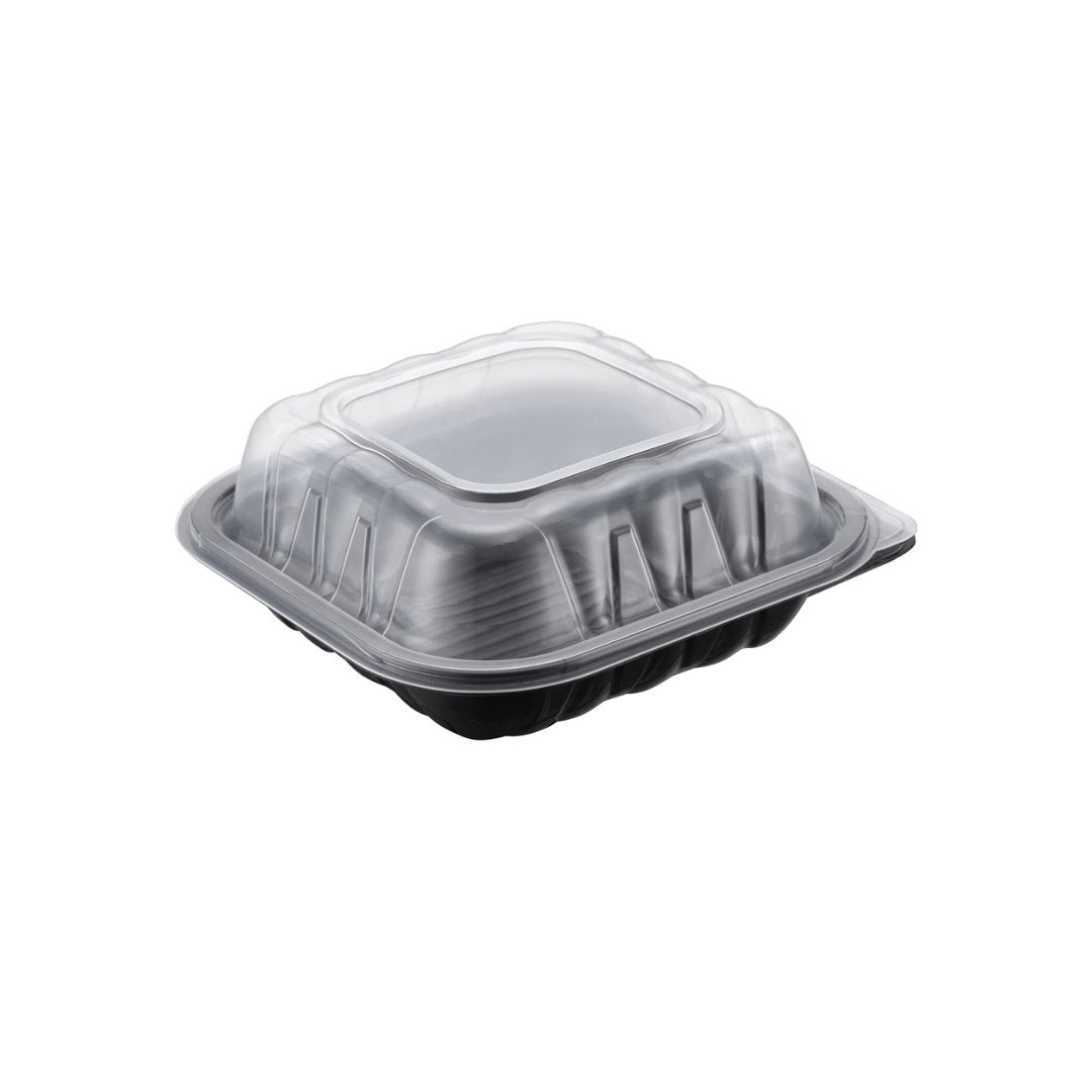 Two-Piece Microwaveable Black Tray with Translucent Lid, 8" x 8", 100 Sets - Feast Source