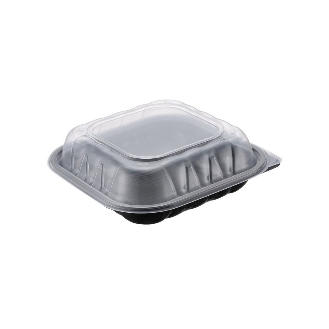 Two-Piece Microwaveable Black Tray with Translucent Lid, 9" x 9", 100 Sets - Feast Source